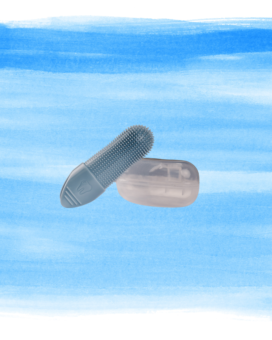 A blue silicone finger brush tool with dense bristles and a translucent clear case, shown floating against a watercolor-style blue background.