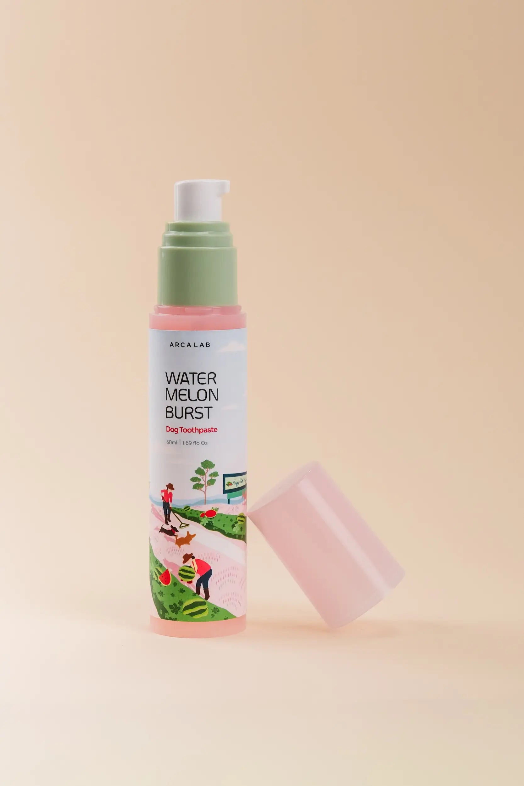 Dog Toothpaste labeled 'Watermelon Burst' on a beige background